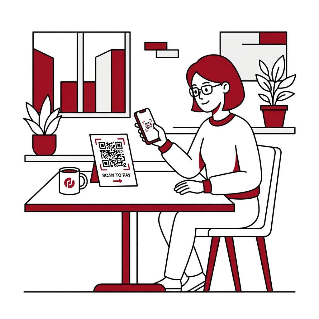 Vector graphic of diner scanning QR code menu at table