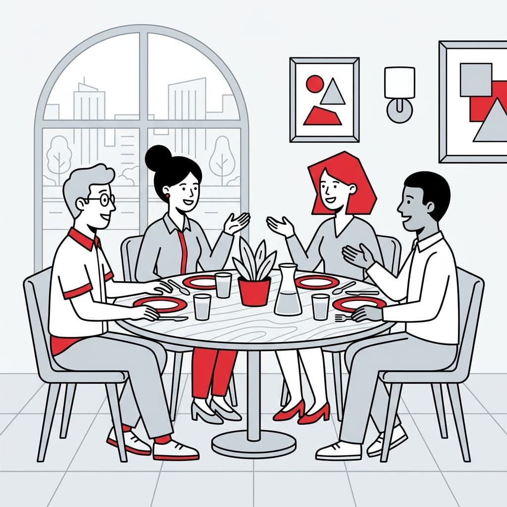 Vector illustration of people enjoying meal in clean modern restaurant