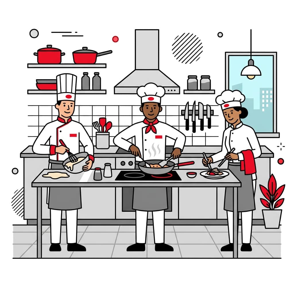 Vector illustration of diverse kitchen team working