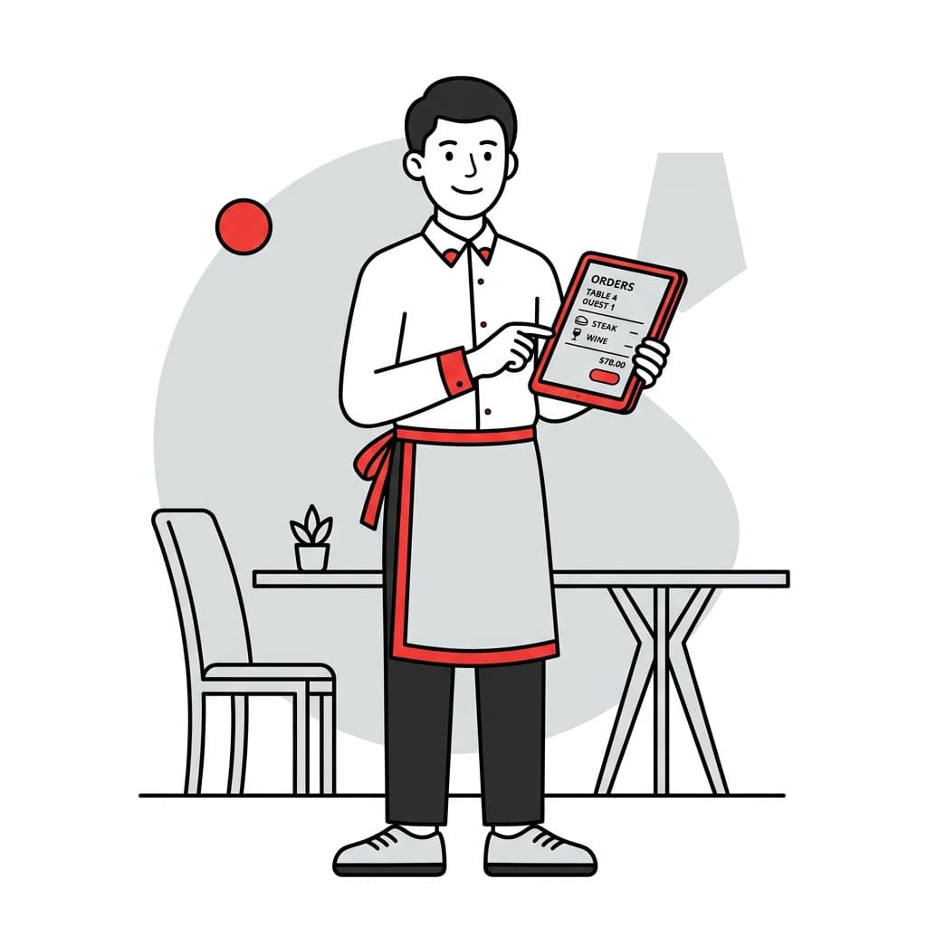 Vector illustration of restaurant staff using digital POS tablet